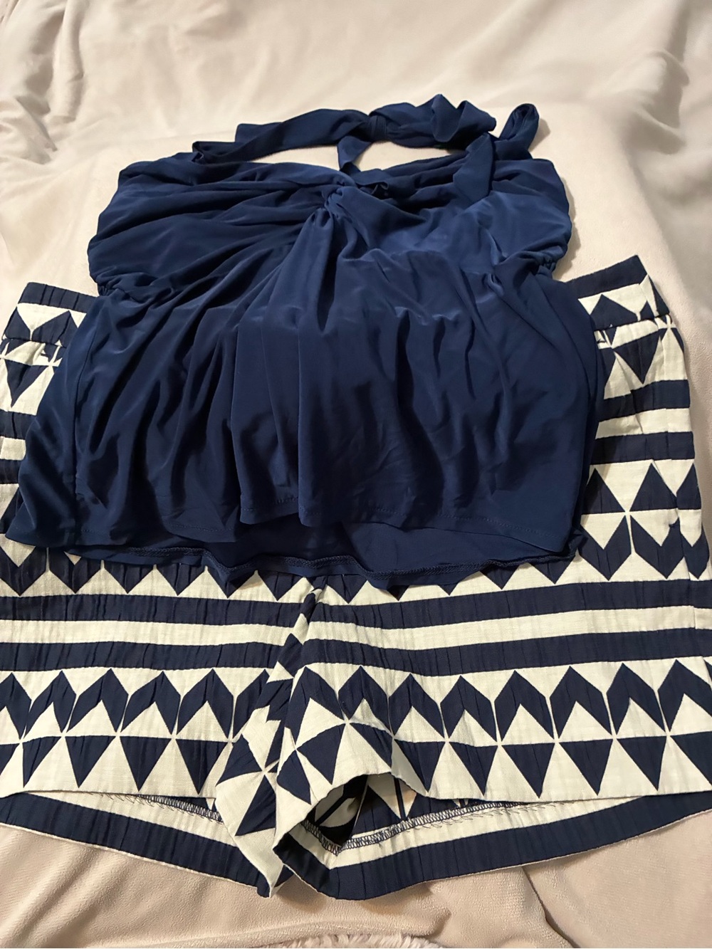 Anthropology Navy Halter Tank Top with Navy & White Geometric Accent Shorts